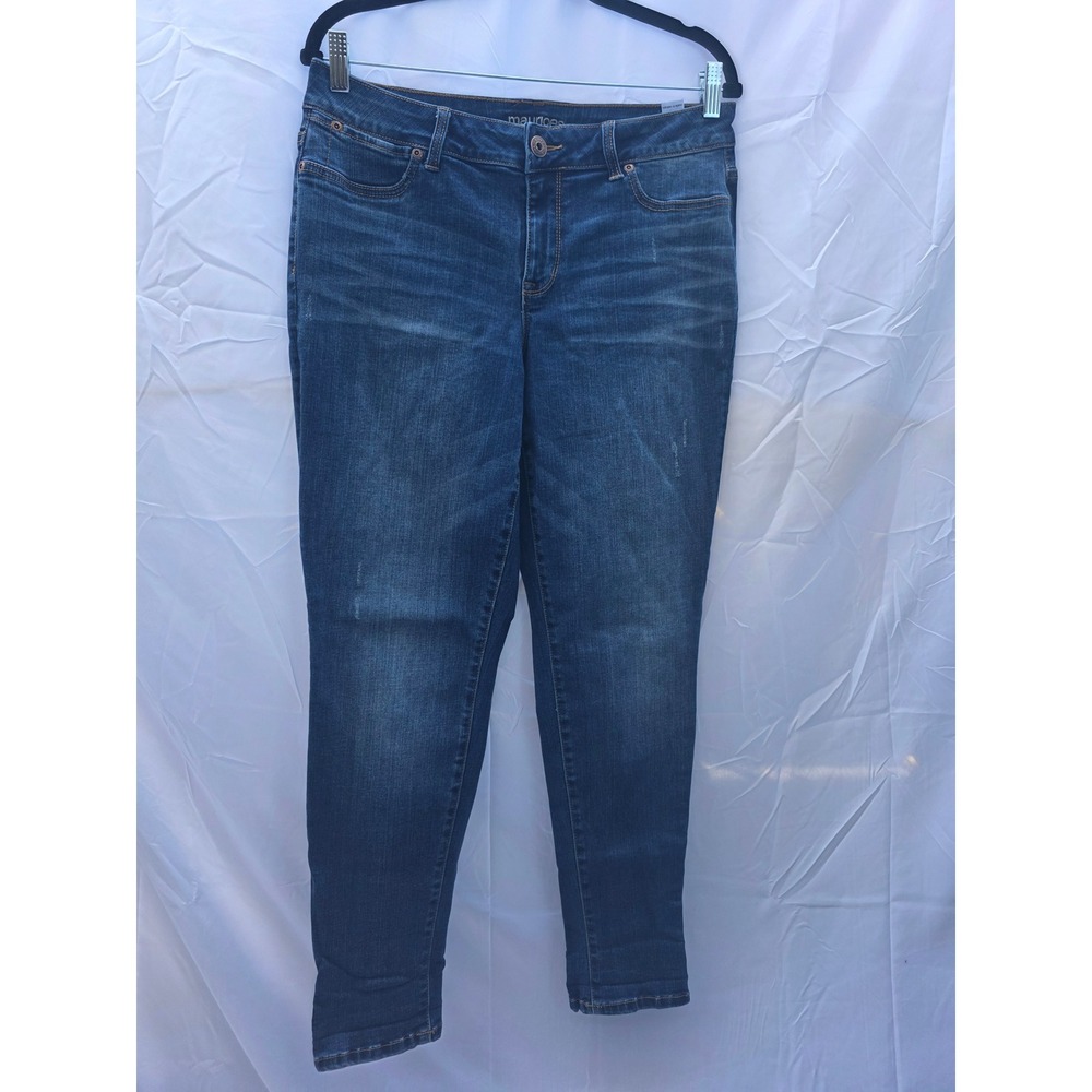 Maurices Womens Dark Wash Skinny Jeans Size L Regular Distressed Stretch Denim